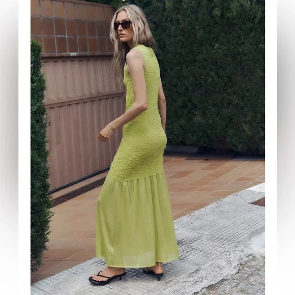 Crochet Dress Zara Green Knit Dress ZARA NEW S, M WOMAN LONG COMBINATION  KNIT DRESS LIME